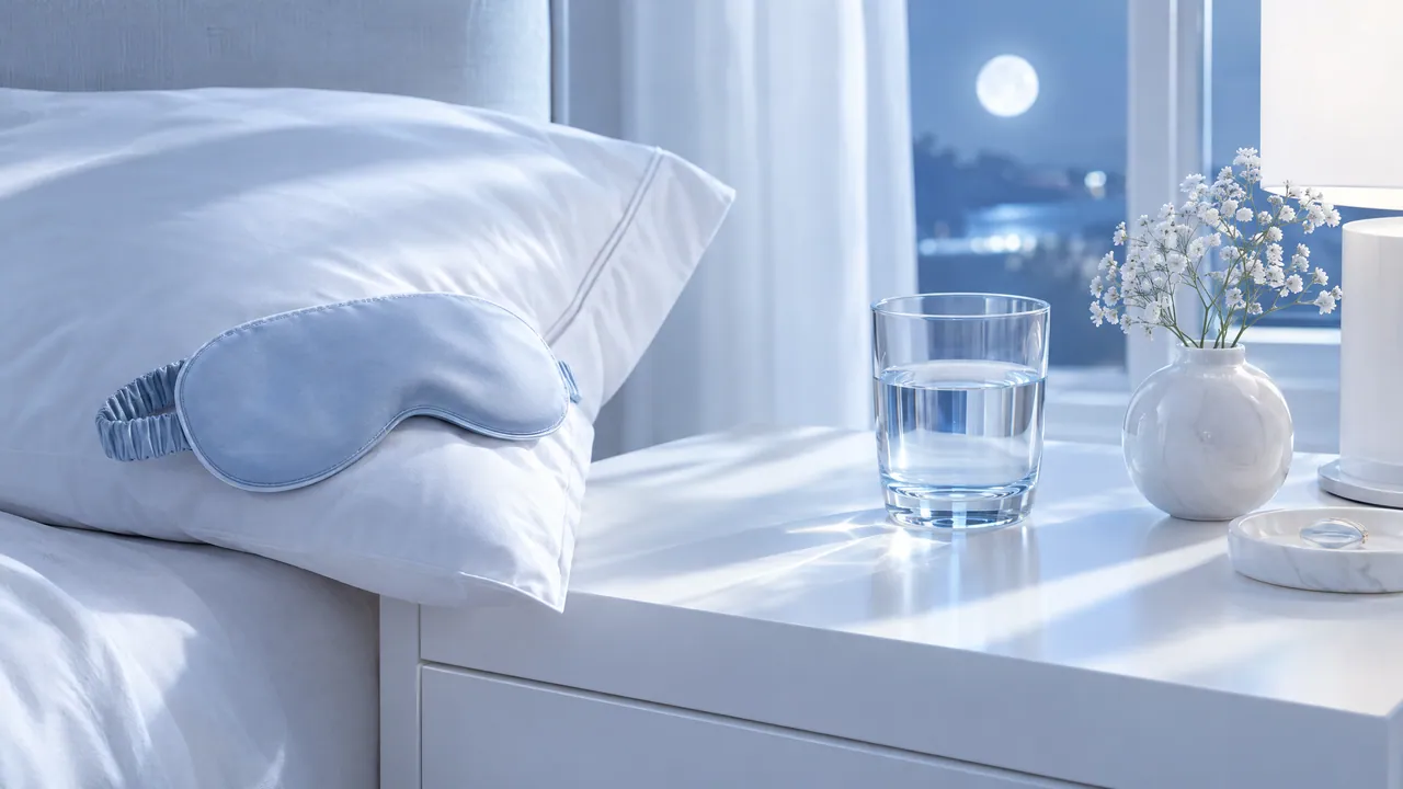 White pillow with a light blue sleep mask, a glass of water and a vase of white flowers on the bedside table, the moon through the window