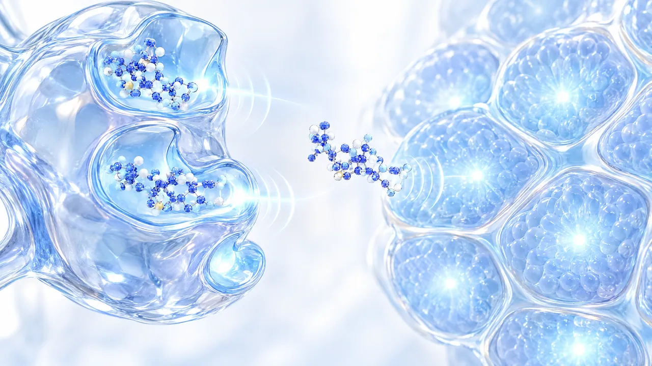 Glass gland with blue molecule chains in its chambers, next to a cluster of glowing blue cells that a molecule travels towards