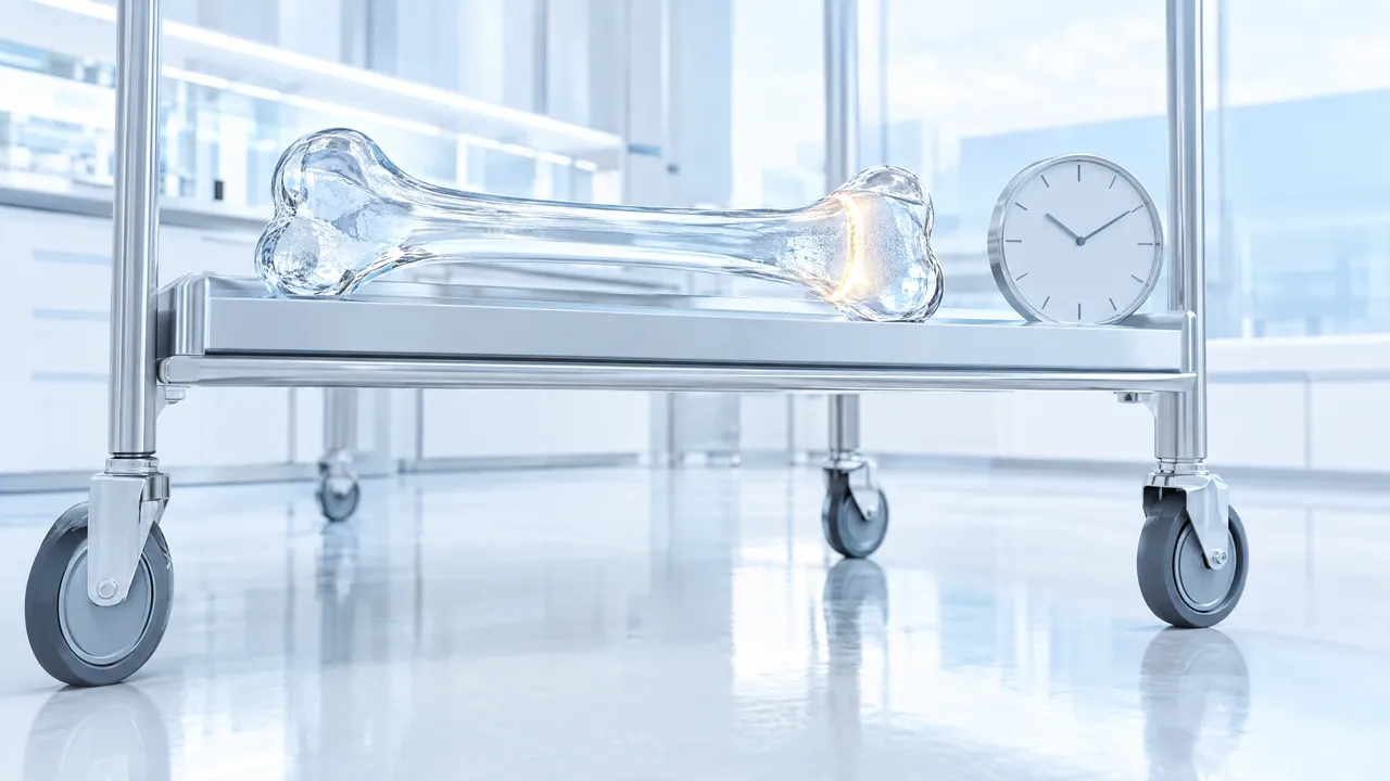 Glass long bone and a clock on a stainless steel clinic trolley in a bright lab