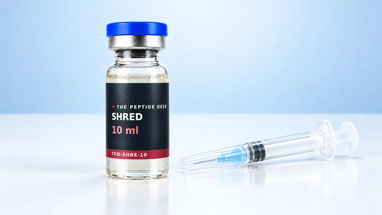 SHRED vial with the black TPD label and a disposable syringe on a white surface