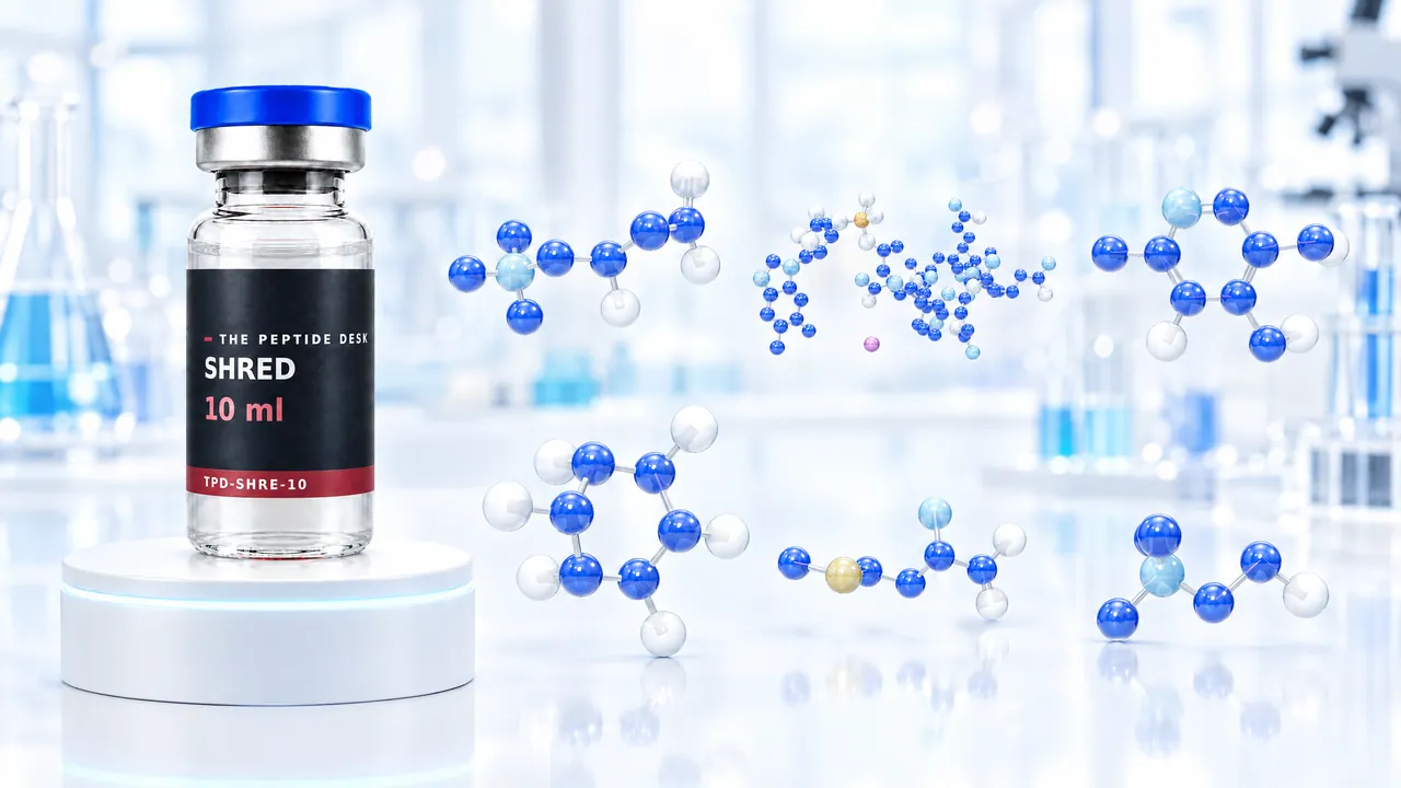 Vial with blue cap and the black TPD label of SHRED on a white podium, next to it several floating blue 3D molecules in a bright lab