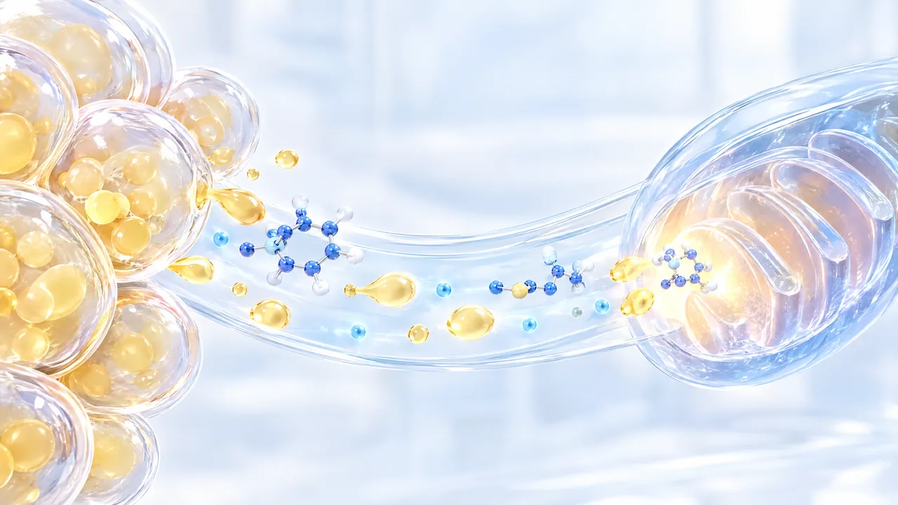 Golden fat cells on the left, a glass channel with blue molecules and fat droplets leading to a glowing mitochondrion on the right