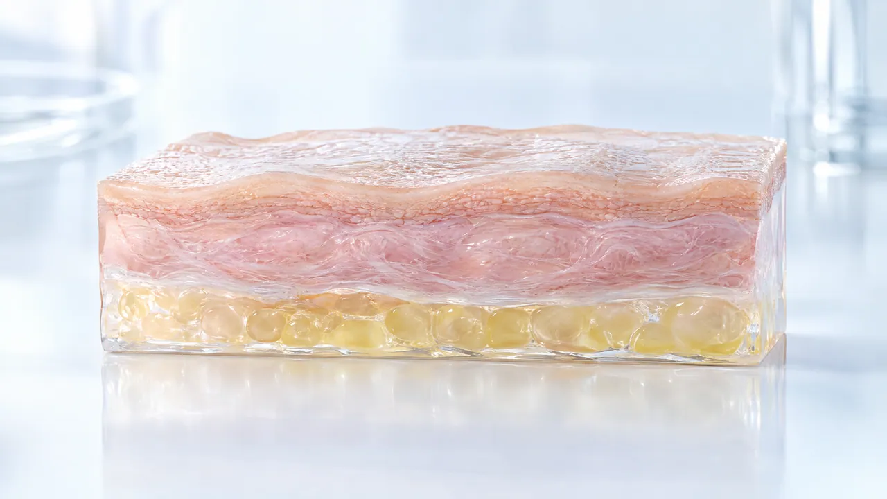 Glass tissue block with pink skin layers on top and yellow fat cells below