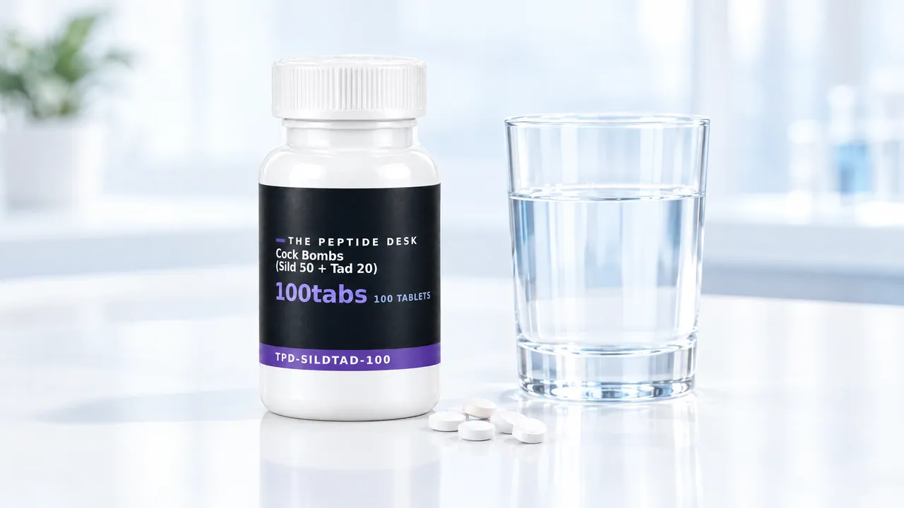 White tablet bottle with the black TPD label, a few white tablets in front, a glass of water next to it on a bright table