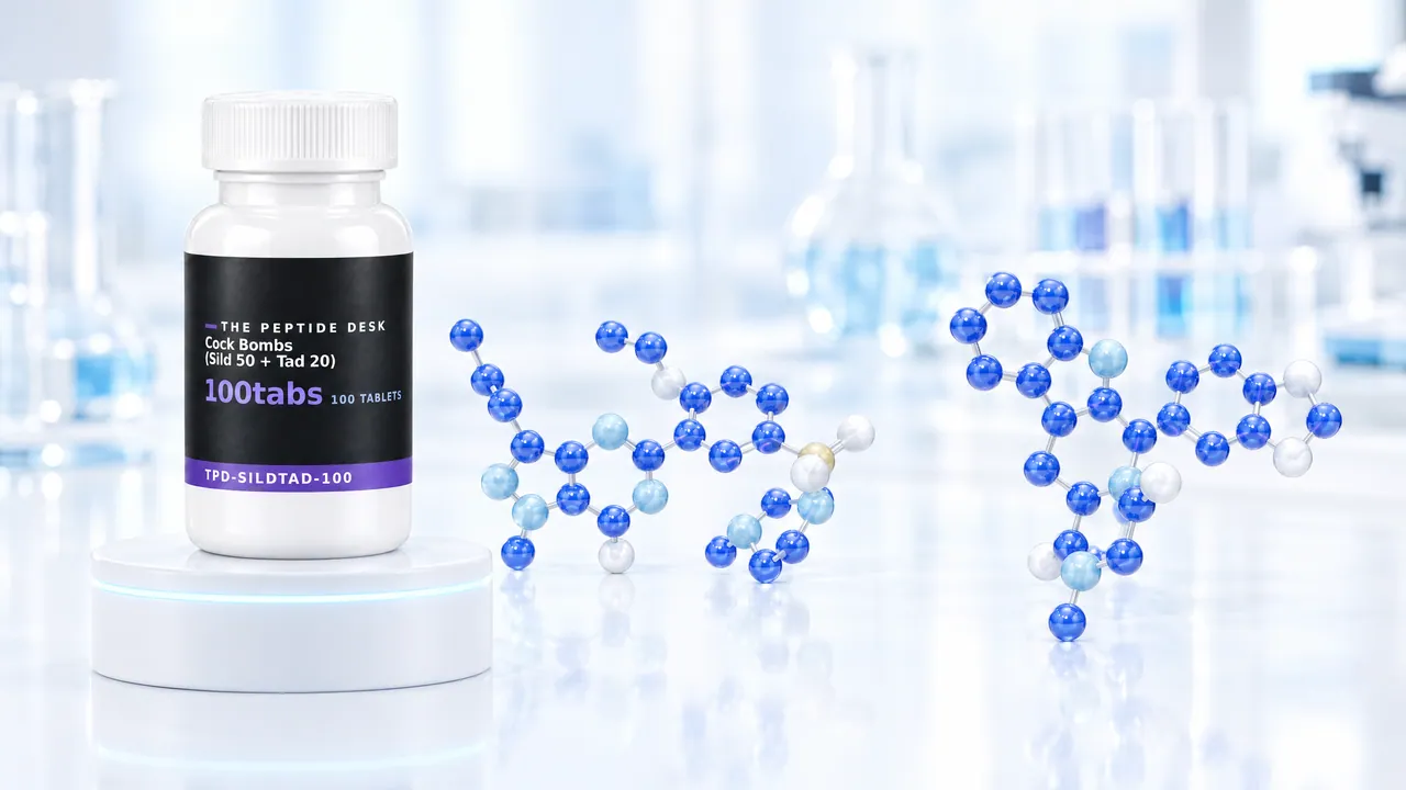 White tablet bottle with the black TPD label on a white podium, next to two blue 3D molecule models in a bright lab, symbolic image for the combination of sildenafil and tadalafil