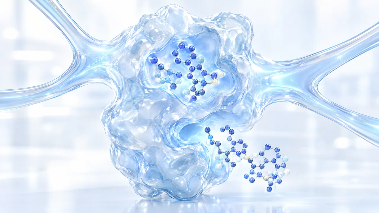 Translucent blue glass enzyme with branching extensions, one blue molecule sits in its pocket, a second docks below