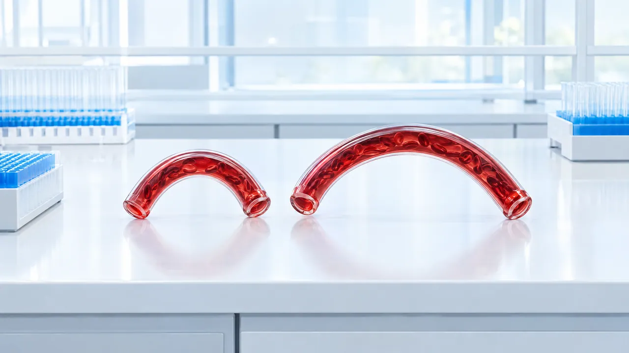 Two curved glass vessel tubes with red blood cells, one short and one long, on a white lab bench