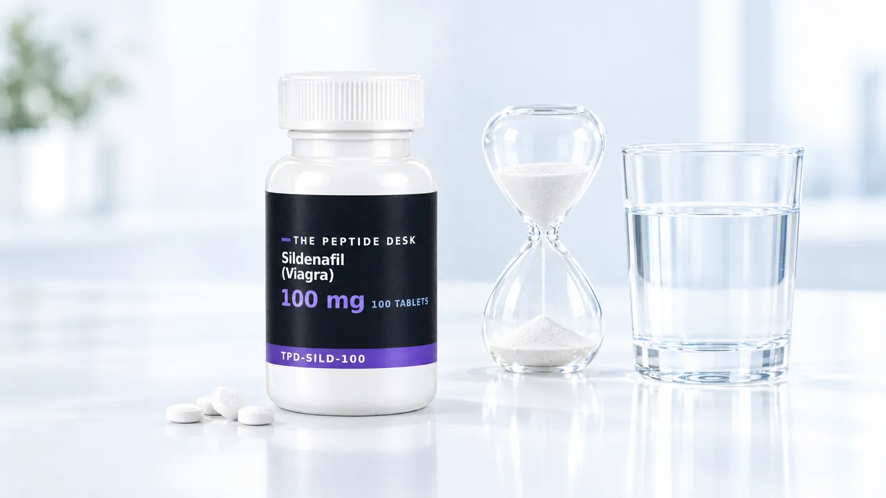 White tablet bottle with a dark sildenafil label, four white tablets in front, next to it an hourglass and a glass of water on a bright table