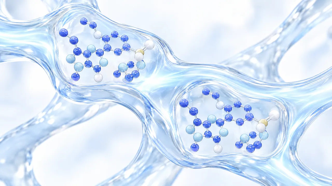 Network of transparent tubes with a light blue sheen, in two bulges one molecule model each made of blue, light blue and white spheres