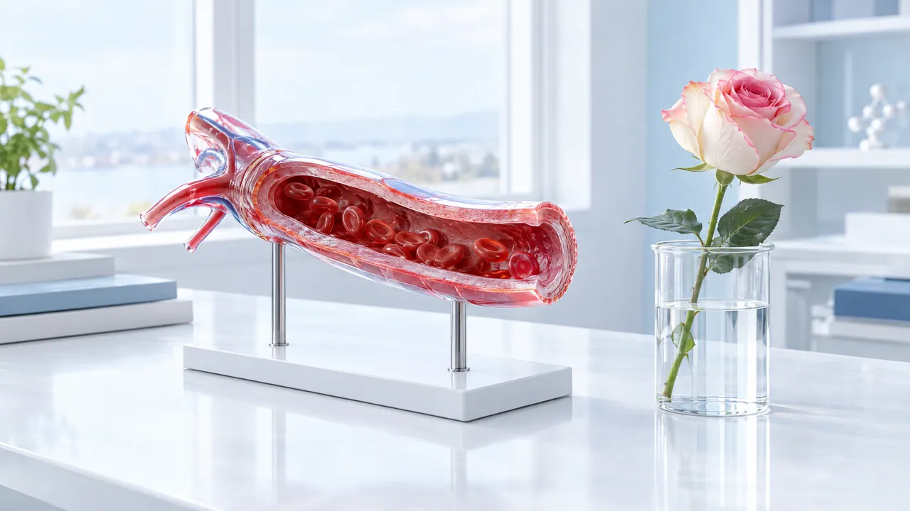 Cut-open transparent model of a blood vessel with red blood cells on a white stand, next to it a pink and white rose in a glass of water in front of a bright window