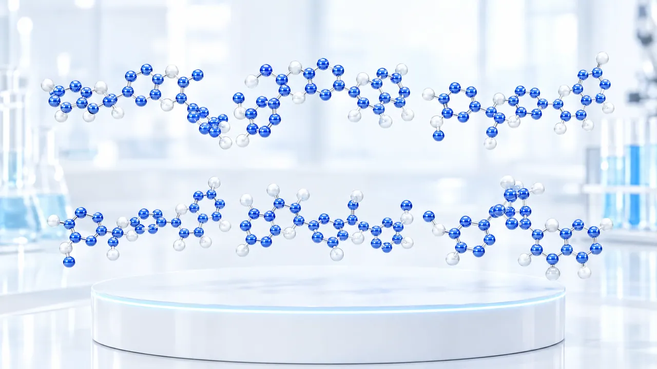 Several glossy blue molecule chains of spheres float in two rows above a white podium in a bright lab, symbolic image for the compound mixture silymarin