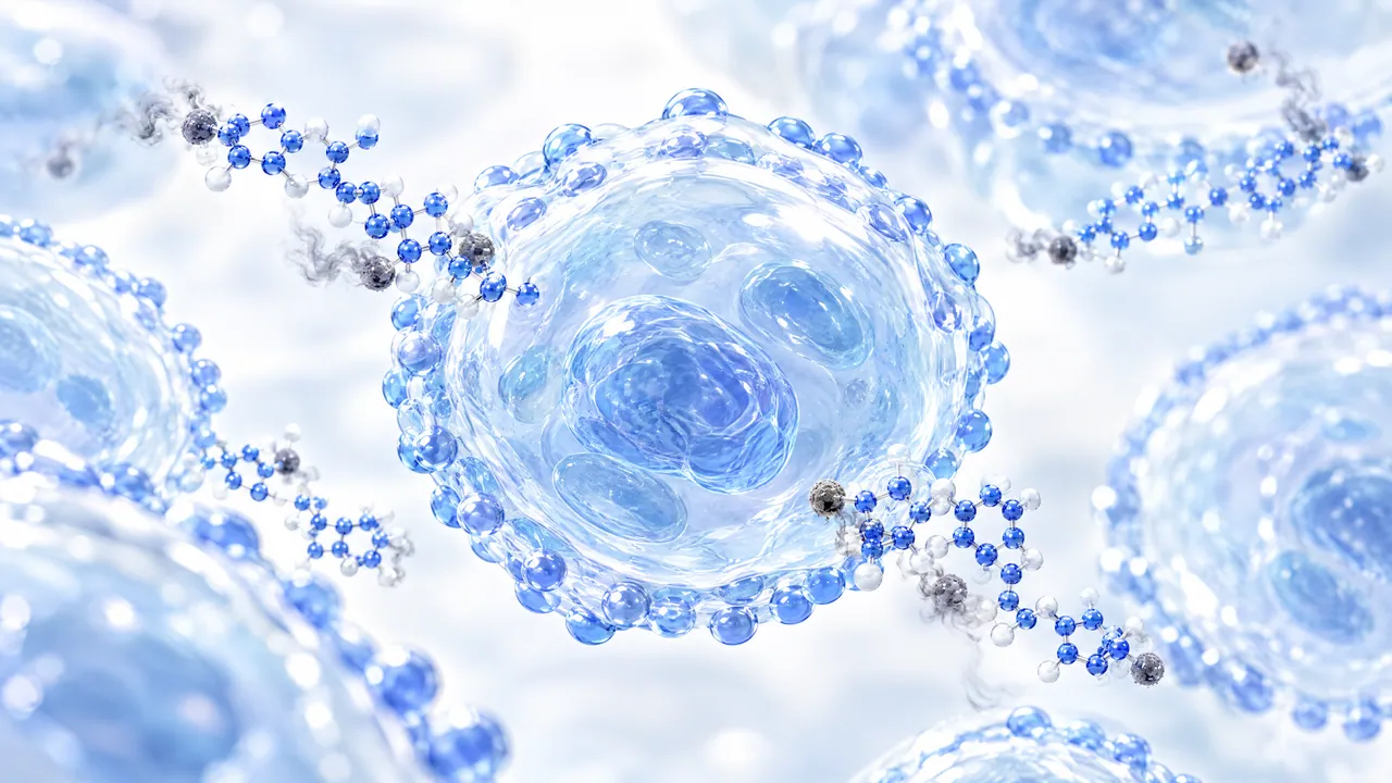 Translucent blue glass cells, a ring of blue spheres along the membrane of the central cell, blue molecule chains in between