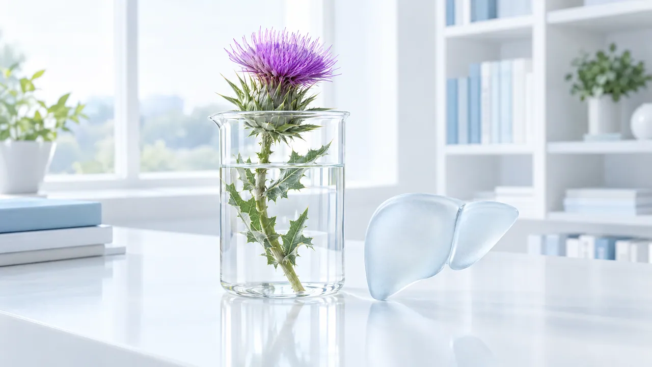 Flowering milk thistle with a purple flower in a beaker of water, next to it a glass liver model on a white table