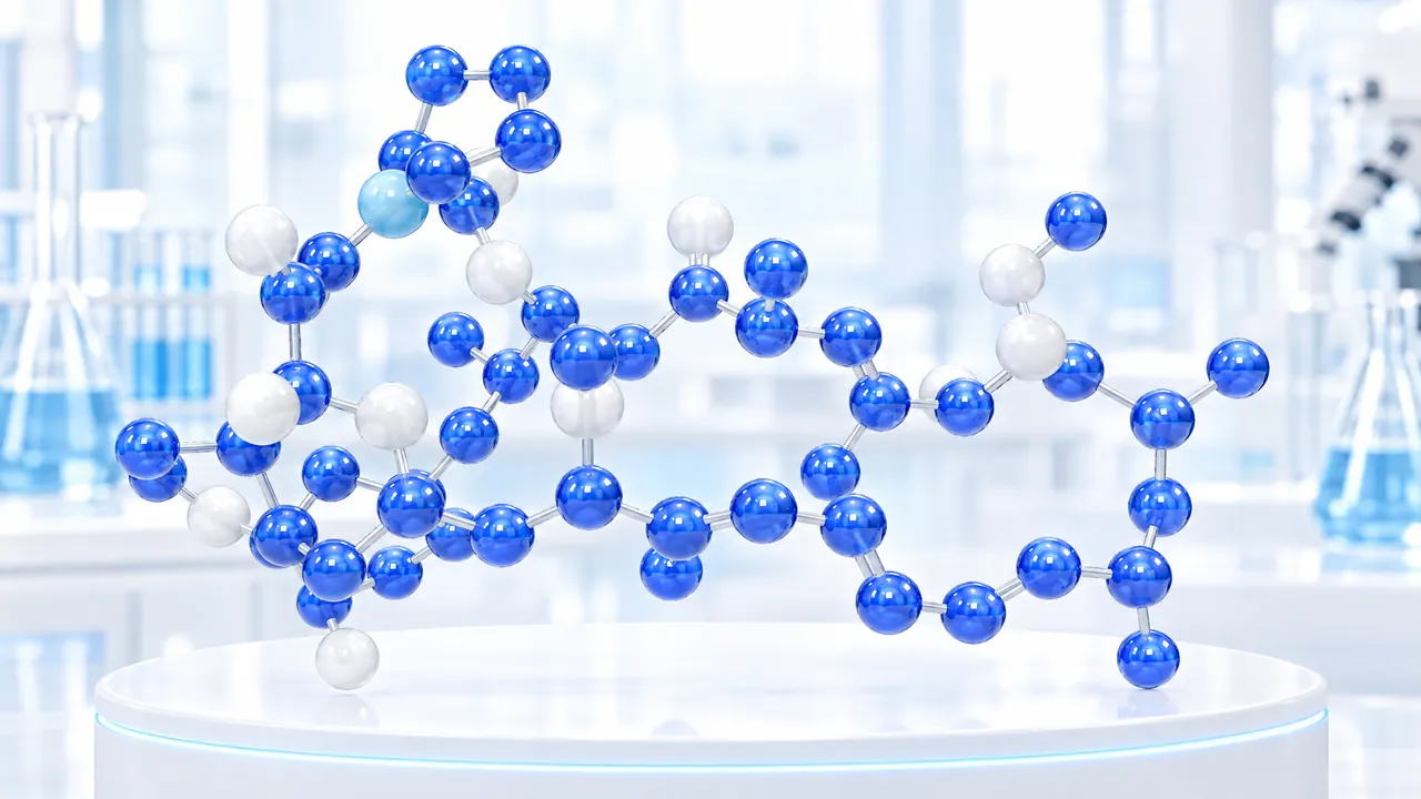 Large molecule model of glossy blue and white spheres with a ring floats above a white podium in a bright lab, symbolic image for sirolimus
