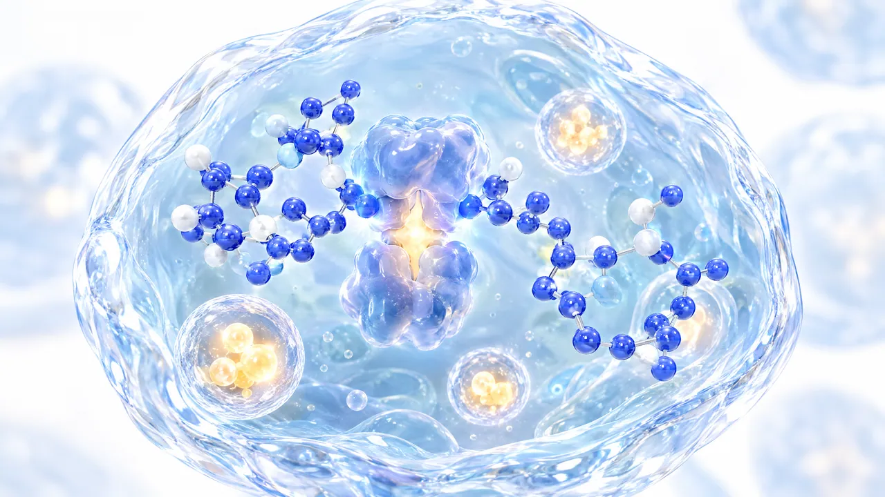 Translucent glass cell with a blue enzyme with a glowing core in the centre, blue molecule chains to the left and right, golden vesicles in the cell