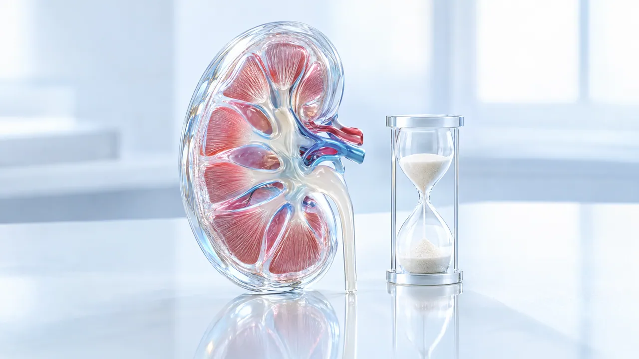 Cut glass kidney model with red and blue vessels next to an hourglass on a bright table
