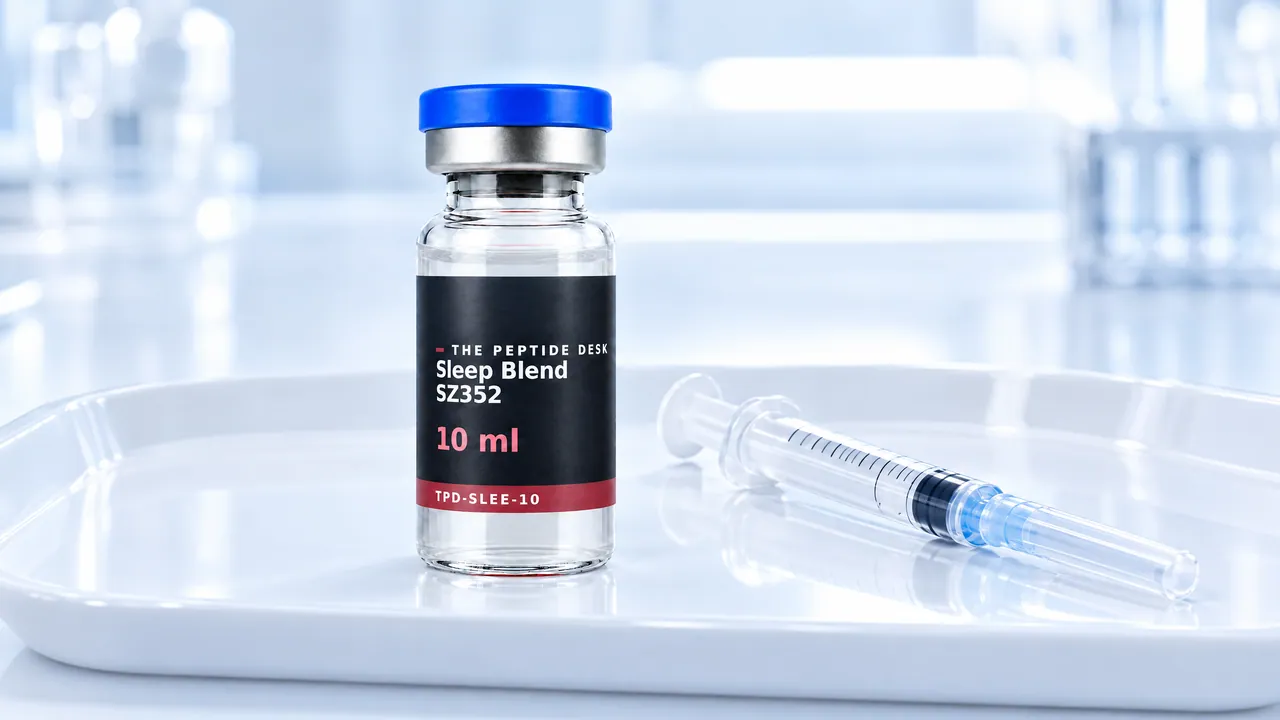 Sleep Blend SZ352 vial with the black TPD label and a disposable syringe on a white tray