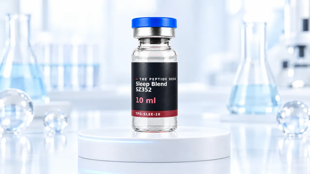 Vial with clear liquid, blue cap and the black TPD label of Sleep Blend SZ352 on a white podium with a blue light ring, lab glassware and glass spheres behind it