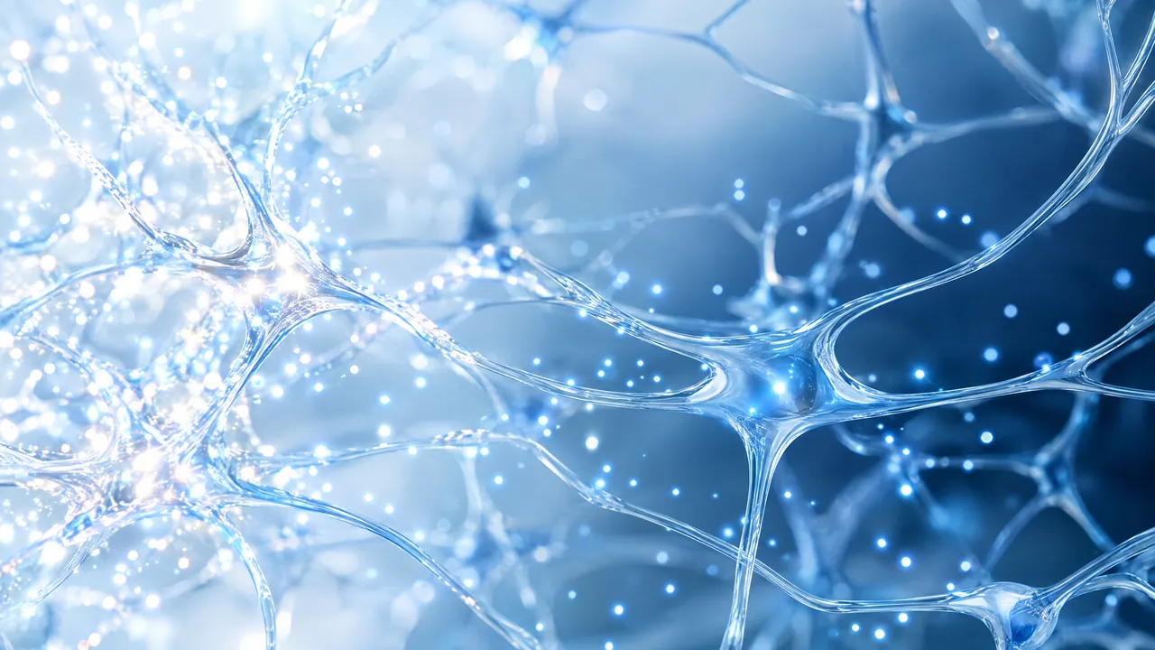 Network of glassy, glowing blue nerve cells with fine points of light