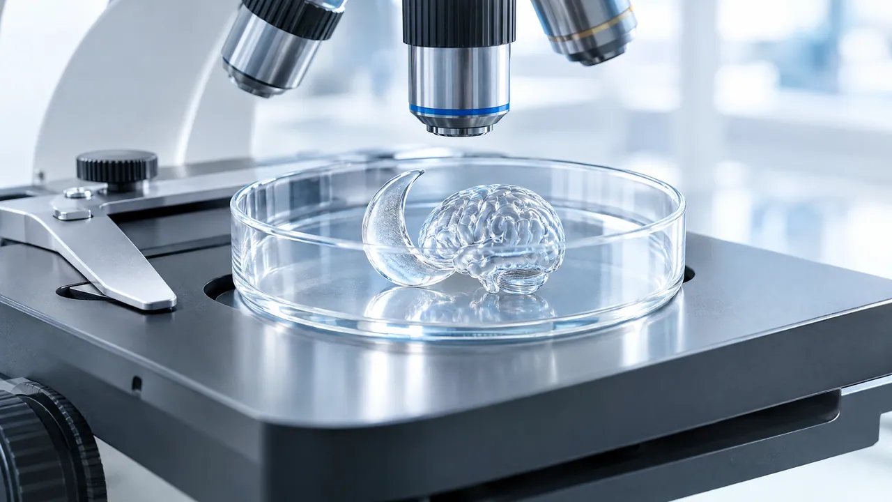 Petri dish under a microscope holding a glass brain next to a glass crescent moon