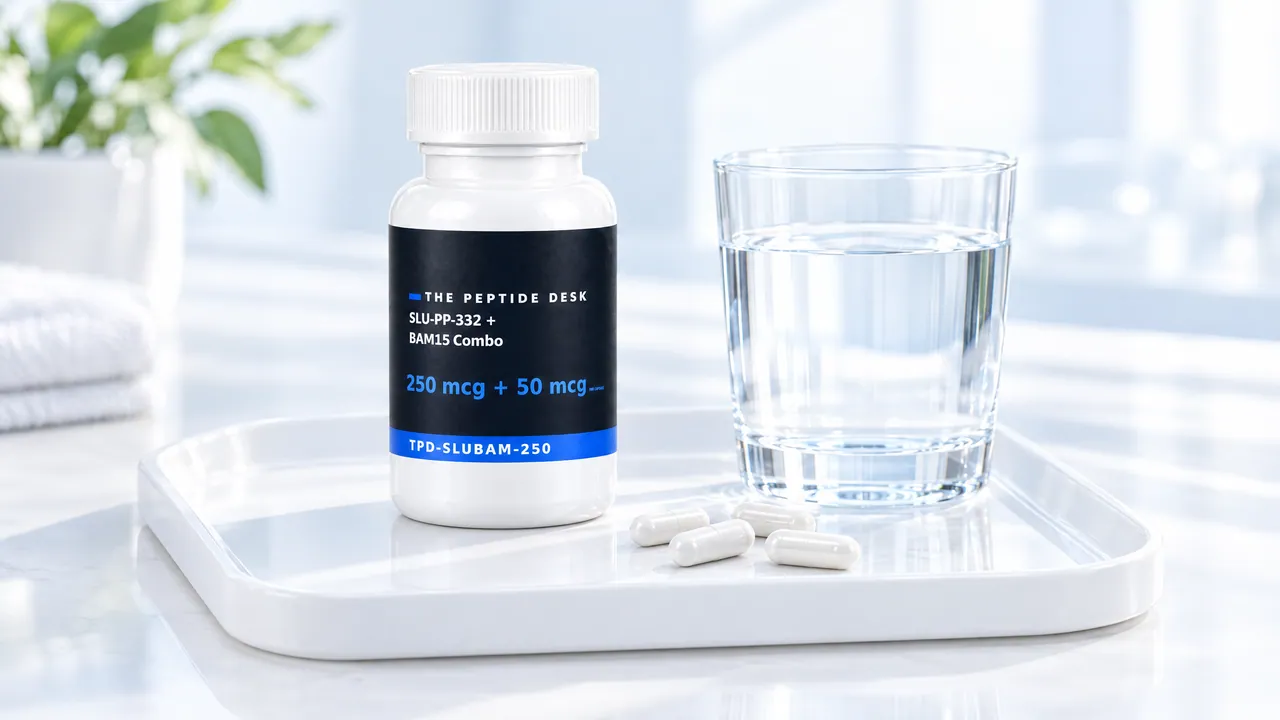 Open white bottle with a few white capsules on a white tray next to a glass of water in morning light