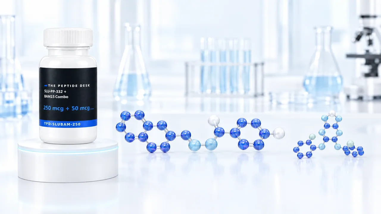 Two different glossy blue ring molecules above a white podium with a blue light ring, a few white capsules at the edge, symbolic image for the combination of SLU-PP-332 and BAM15