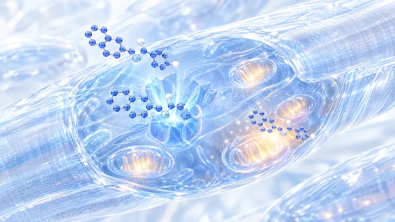 Abstract glass muscle fibres with glowing mitochondria, one blue molecule switches on receptors in the cell nucleus while the other makes the mitochondria glow warmly