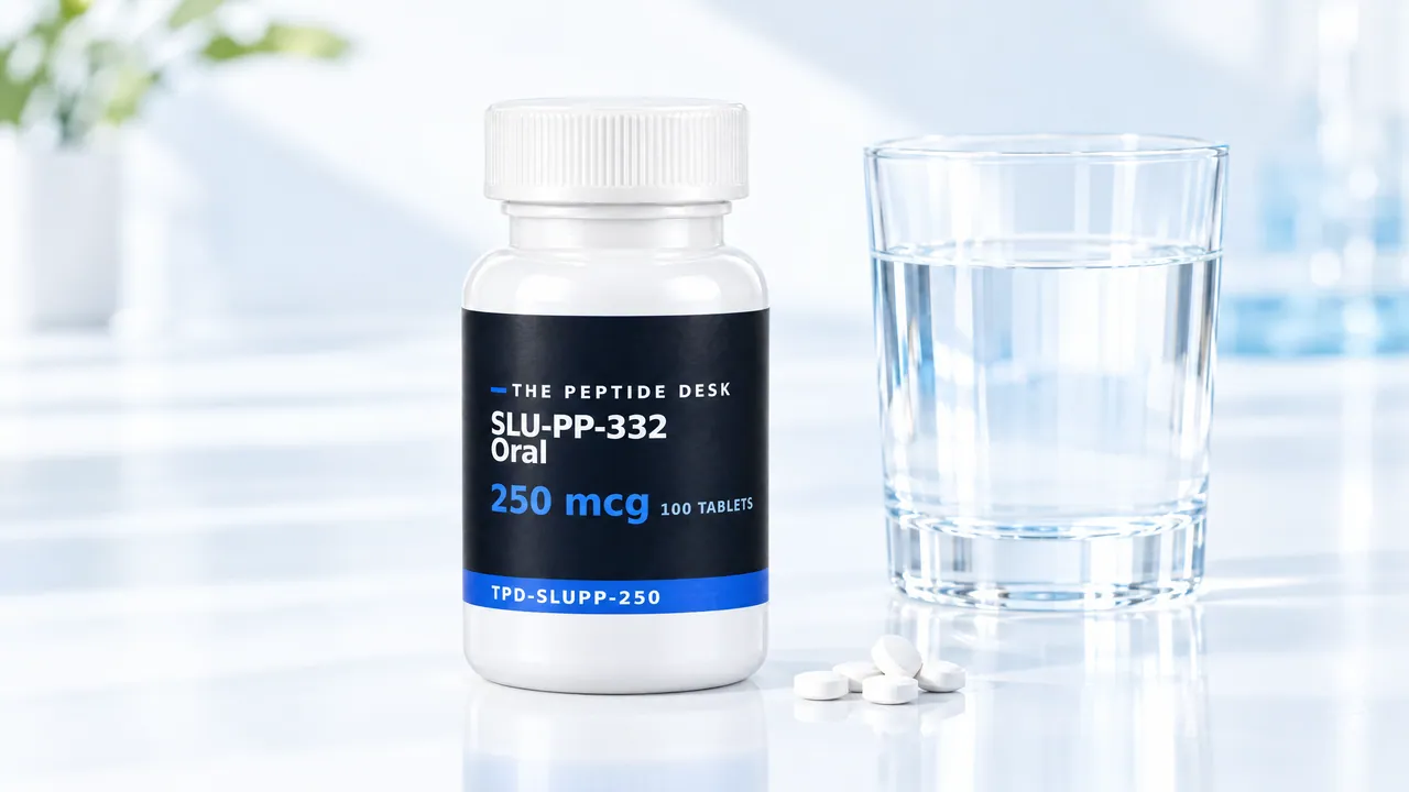 White tablet bottle with the black TPD label, a few white tablets in front, a glass of water next to it