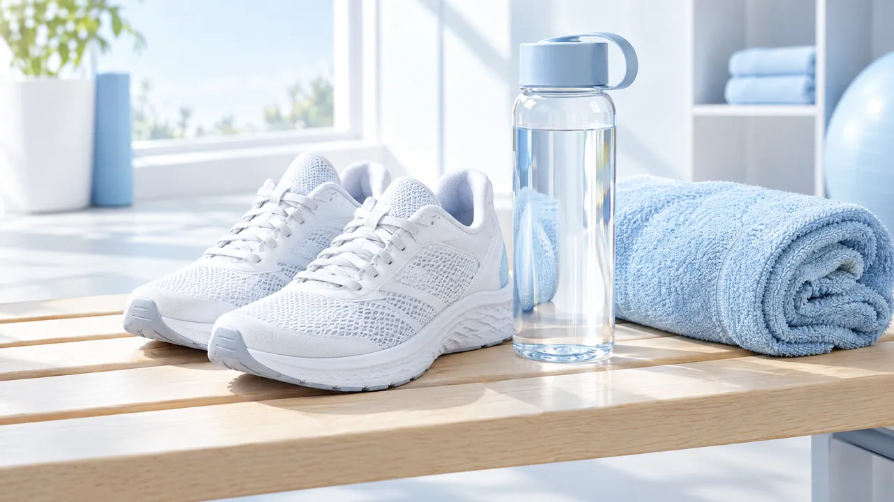 White running shoes, a water bottle with a light blue lid and a light blue towel on a wooden bench