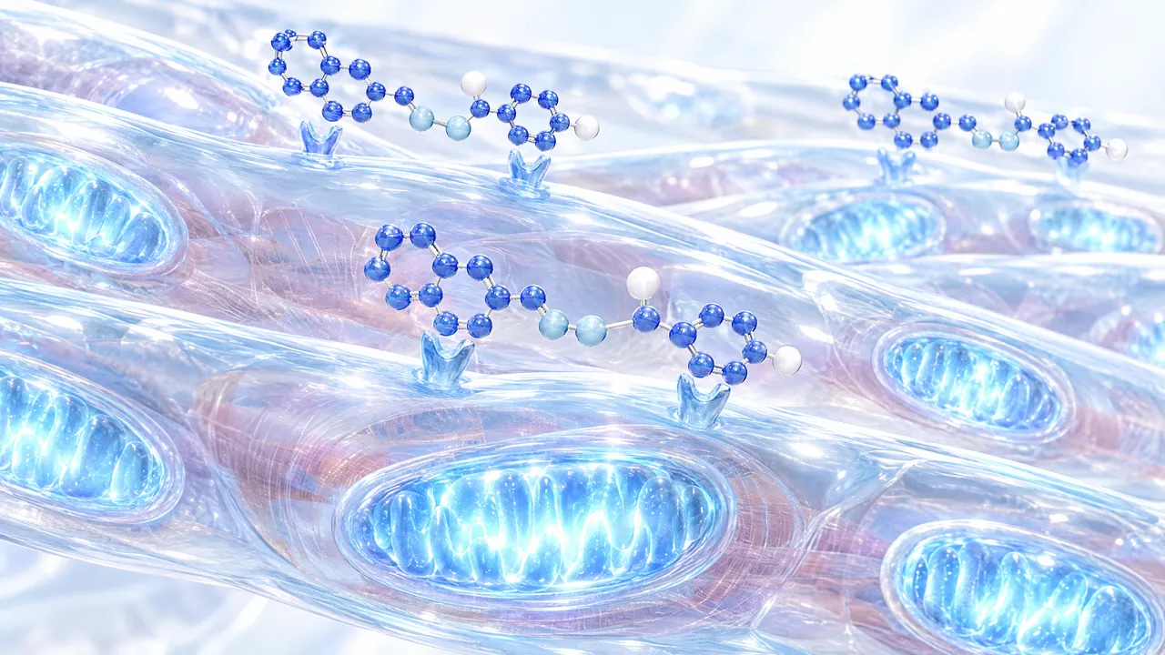 Glass muscle fibres with glowing blue mitochondria, blue molecules docking onto receptors on top