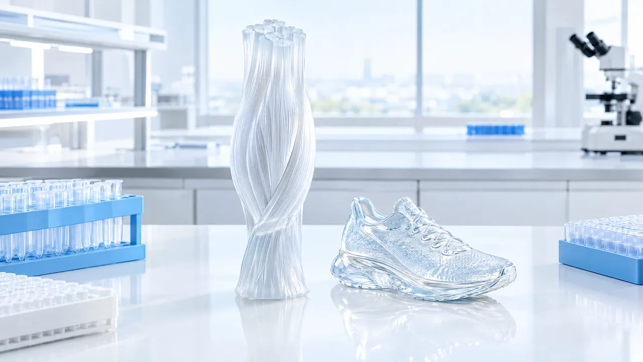 Twisted bundle of glass muscle fibres and a glass running shoe on a white lab bench between sample racks