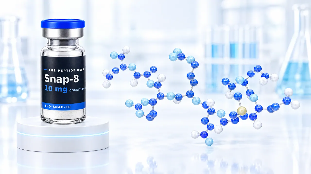 Snap-8 vial with white powder and the black TPD label on a white podium, next to a blue 3D molecule chain in a bright lab