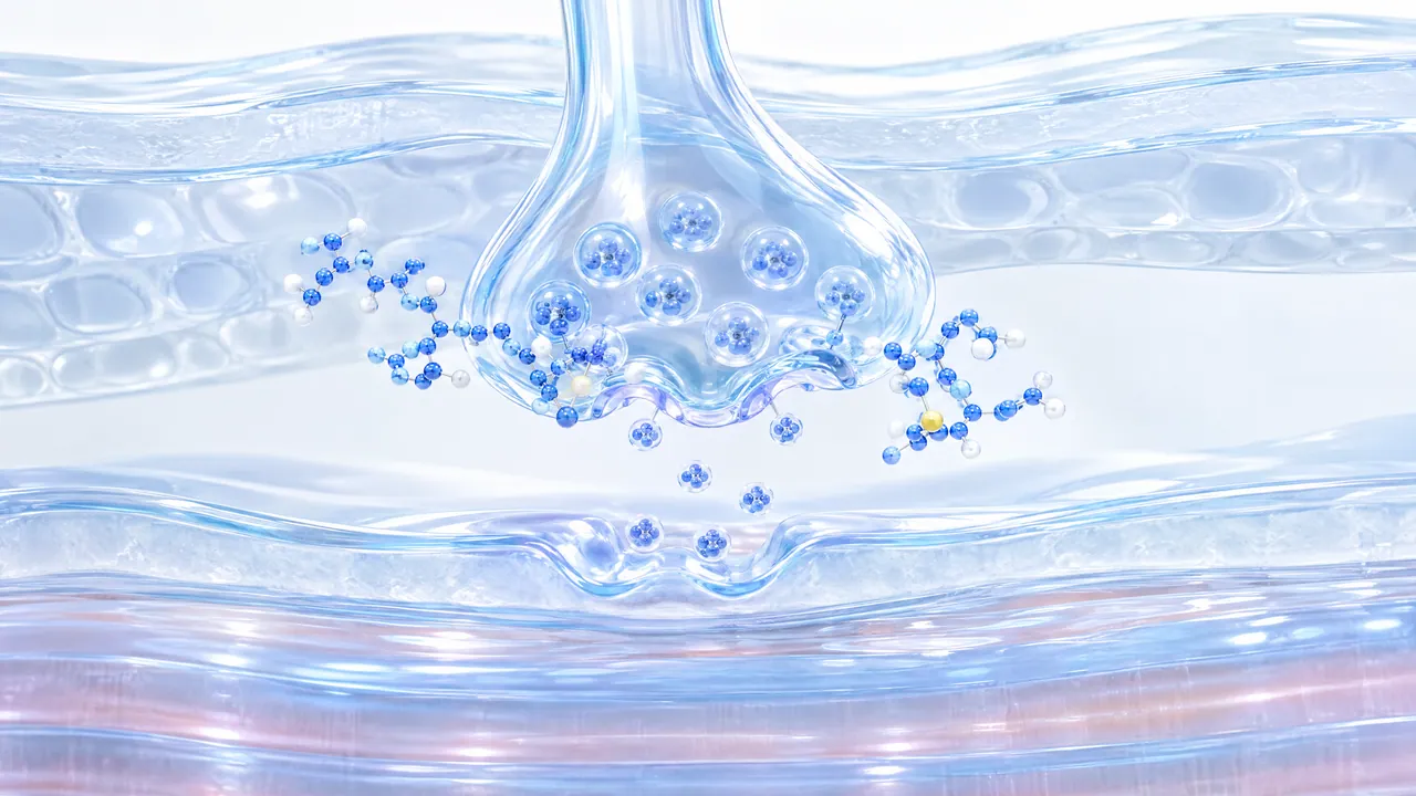 Glass nerve ending with vesicles above translucent skin layers, blue molecules attach and only a few vesicles escape