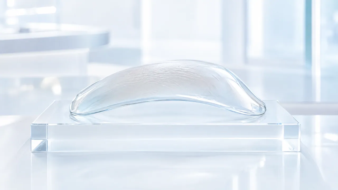Smooth curved glass skin sample on a clear pedestal in a bright lab