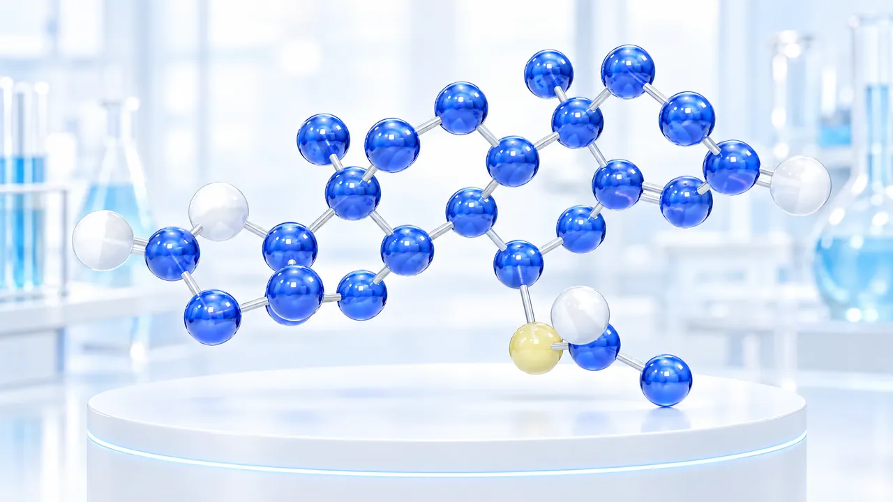 Large steroid molecule model of glossy blue, white and one yellow sphere floats above a white podium in a bright lab, symbolic image for spironolactone