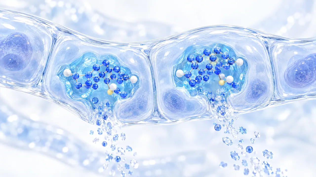 Translucent cells of a glass kidney tubule, blue molecules sit in pockets in two cells, small crystals trickle out below