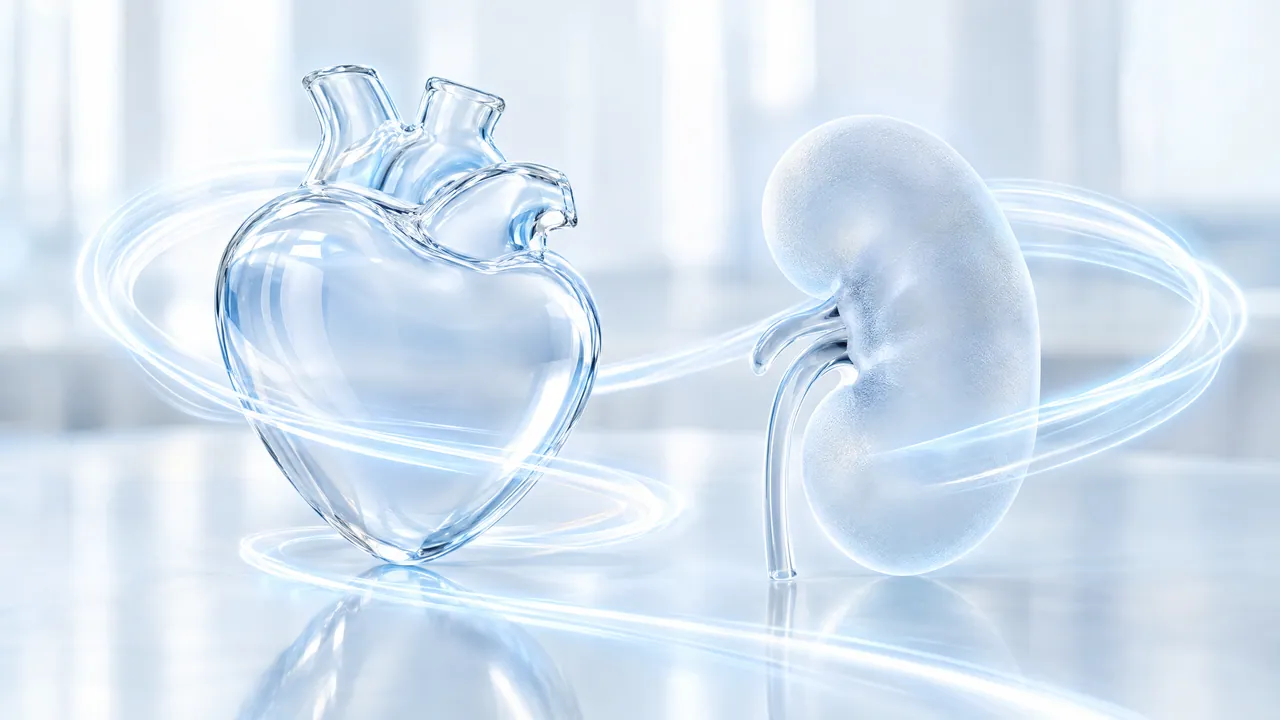 Glass heart and a milky white kidney, surrounded by bright bands of light on a white surface
