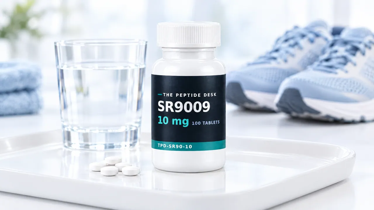 A glass of water, a white tablet bottle with a black TPD label for SR9009 and a few white tablets on a white tray, light blue running shoes behind them
