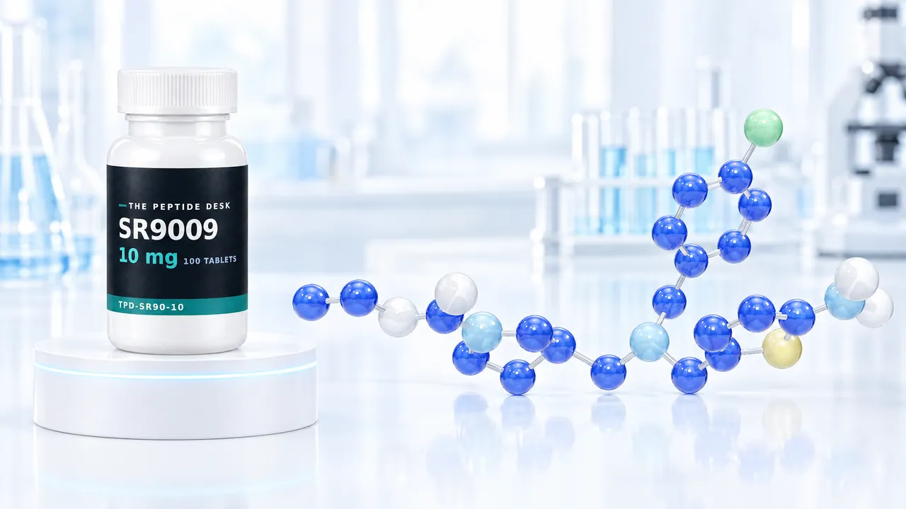 White tablet bottle with a black TPD label for SR9009 on a white podium, next to it a molecule model of blue, white and greenish glass spheres in a bright lab