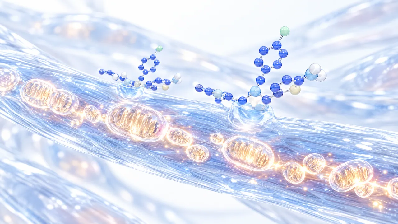 Glass muscle fibre with a row of orange glowing mitochondria, two blue molecules docking on above them