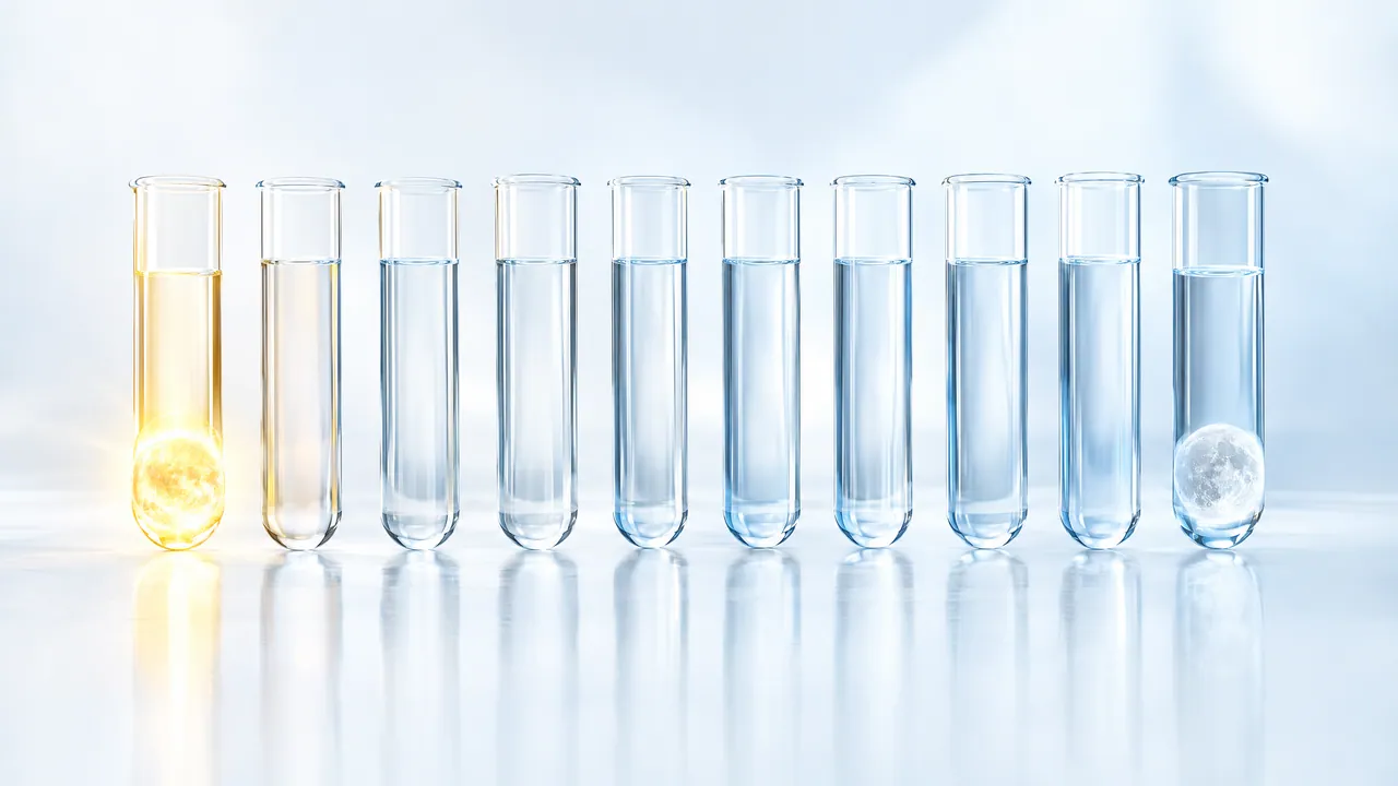 Row of test tubes shading from yellow to blue, a glowing sun in the first one and a glass moon in the last