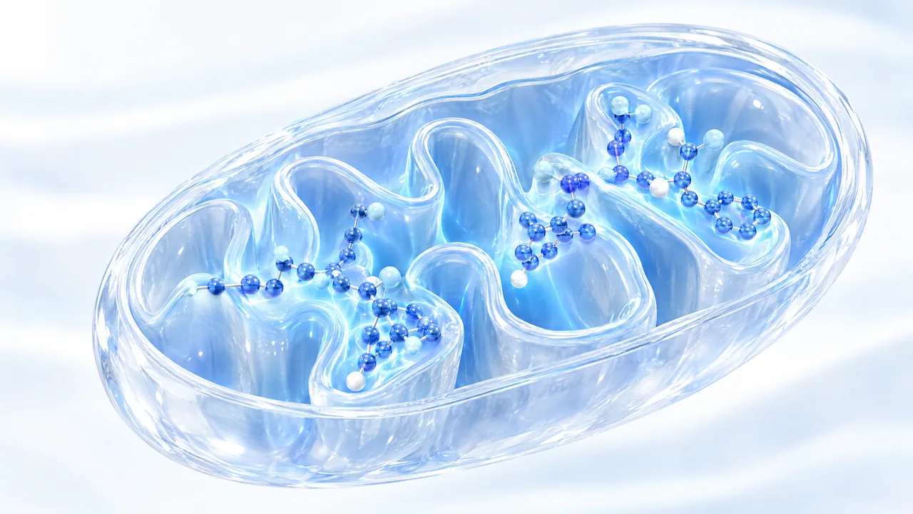 Cut-open glass mitochondrion with a folded inner membrane that blue 3D molecules rest on