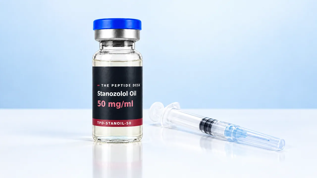 Stanozolol Oil vial with the black TPD label and a disposable syringe on a white surface