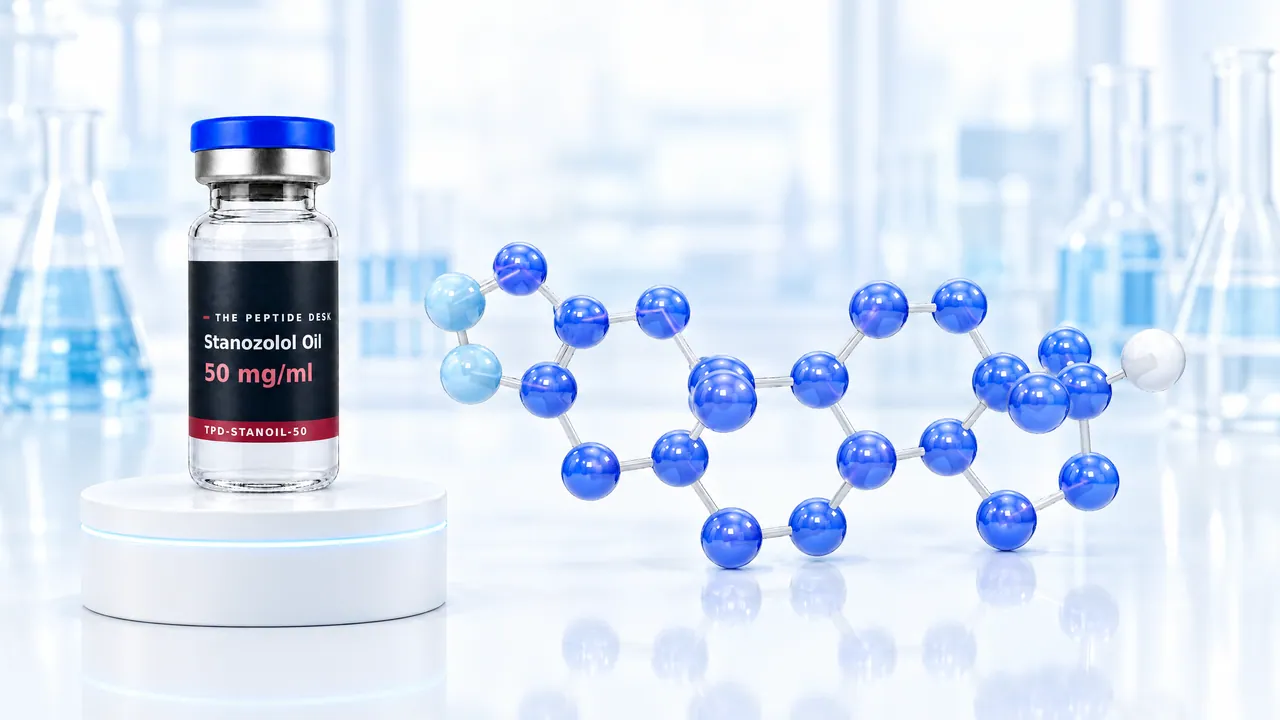 Vial with blue cap and the black TPD label of Stanozolol Oil on a white podium, next to it a large blue 3D steroid molecule against a bright lab background