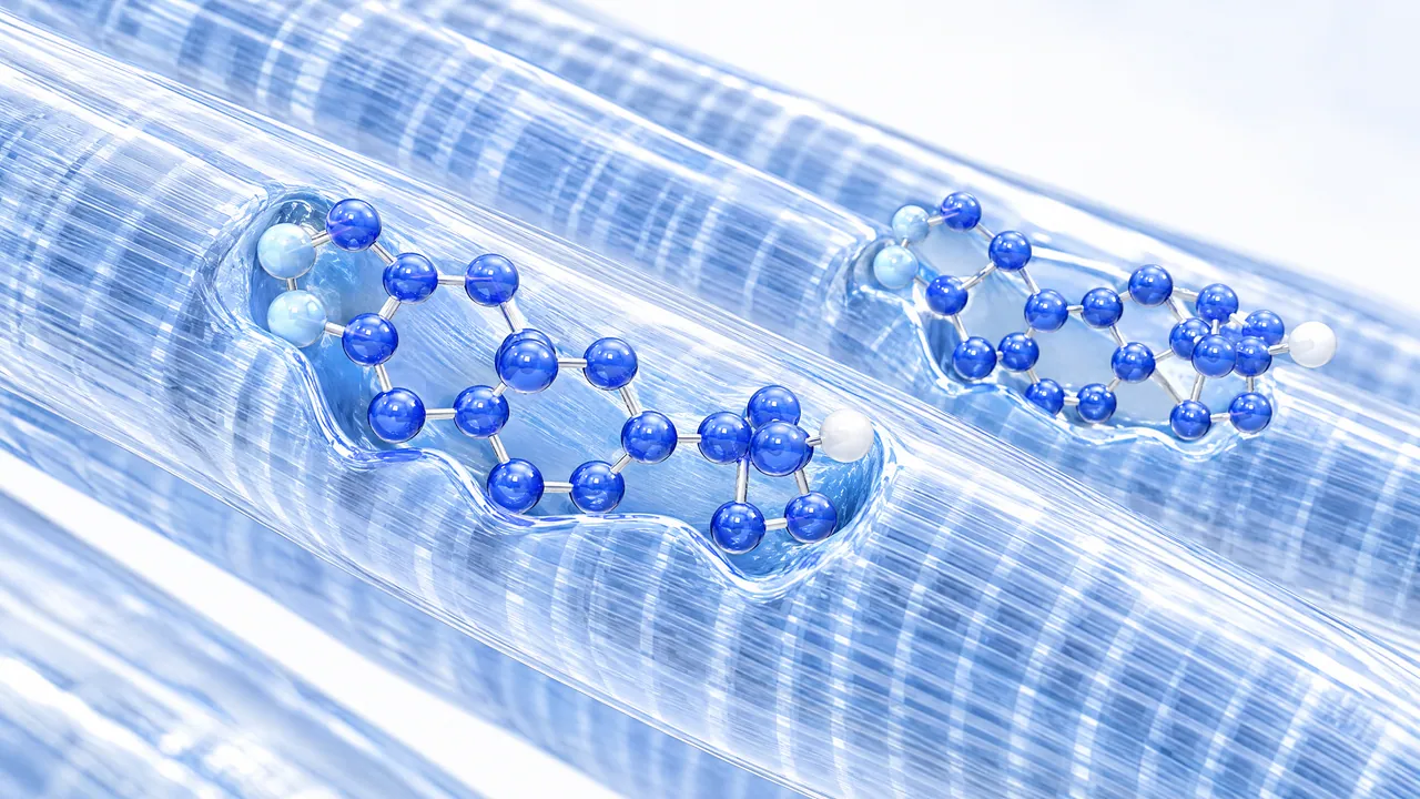 Two blue 3D steroid molecules resting in hollows of glassy, striated muscle fibres