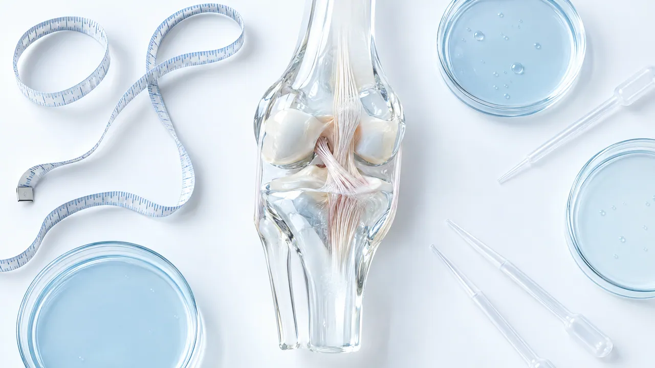 Glass knee joint model between Petri dishes, pipettes and a measuring tape on a white background