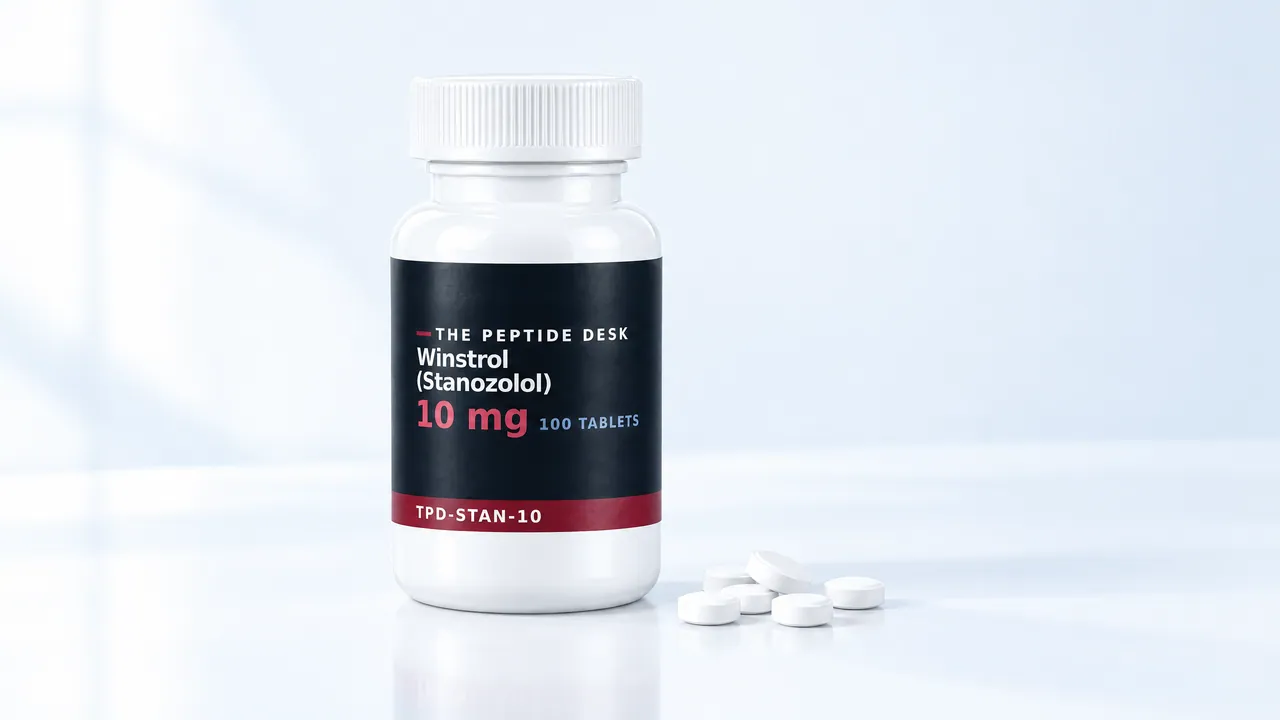 White tablet bottle with the black and red TPD label, next to it a few round white tablets on a bright surface