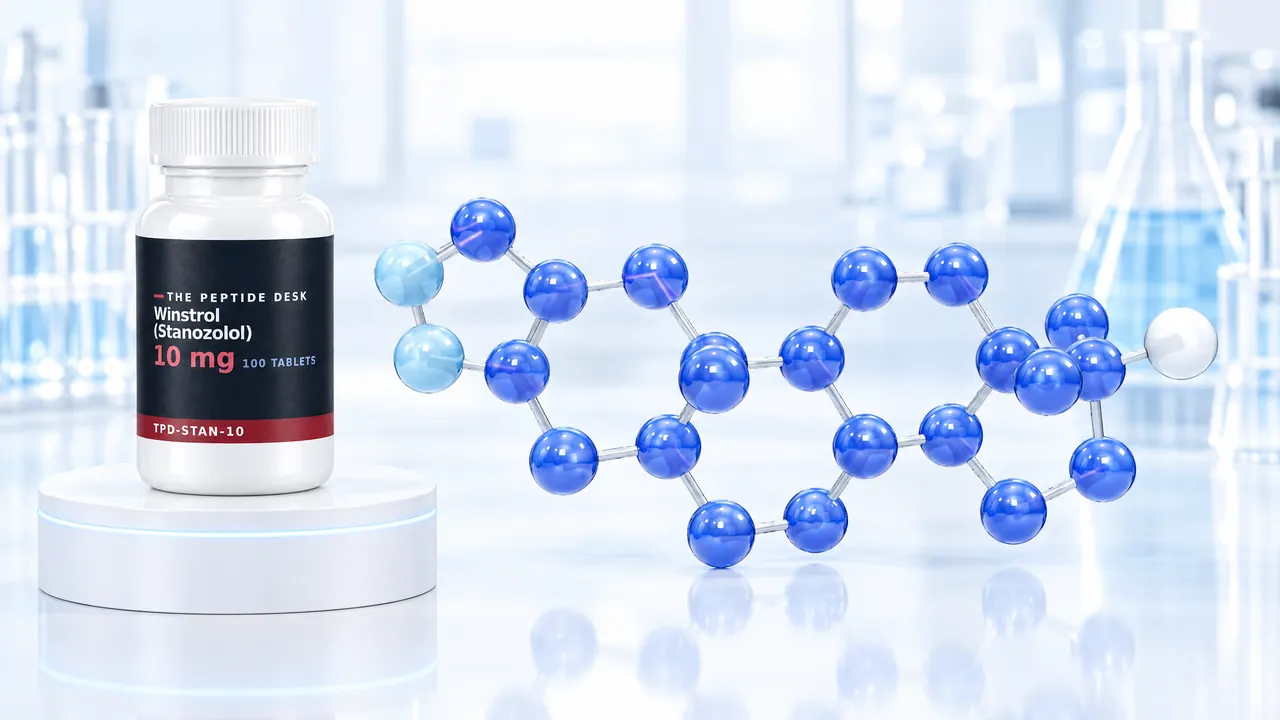 White tablet bottle with the black and red TPD label on a white podium, next to it a large blue 3D steroid molecule in a bright lab, symbolic image for stanozolol