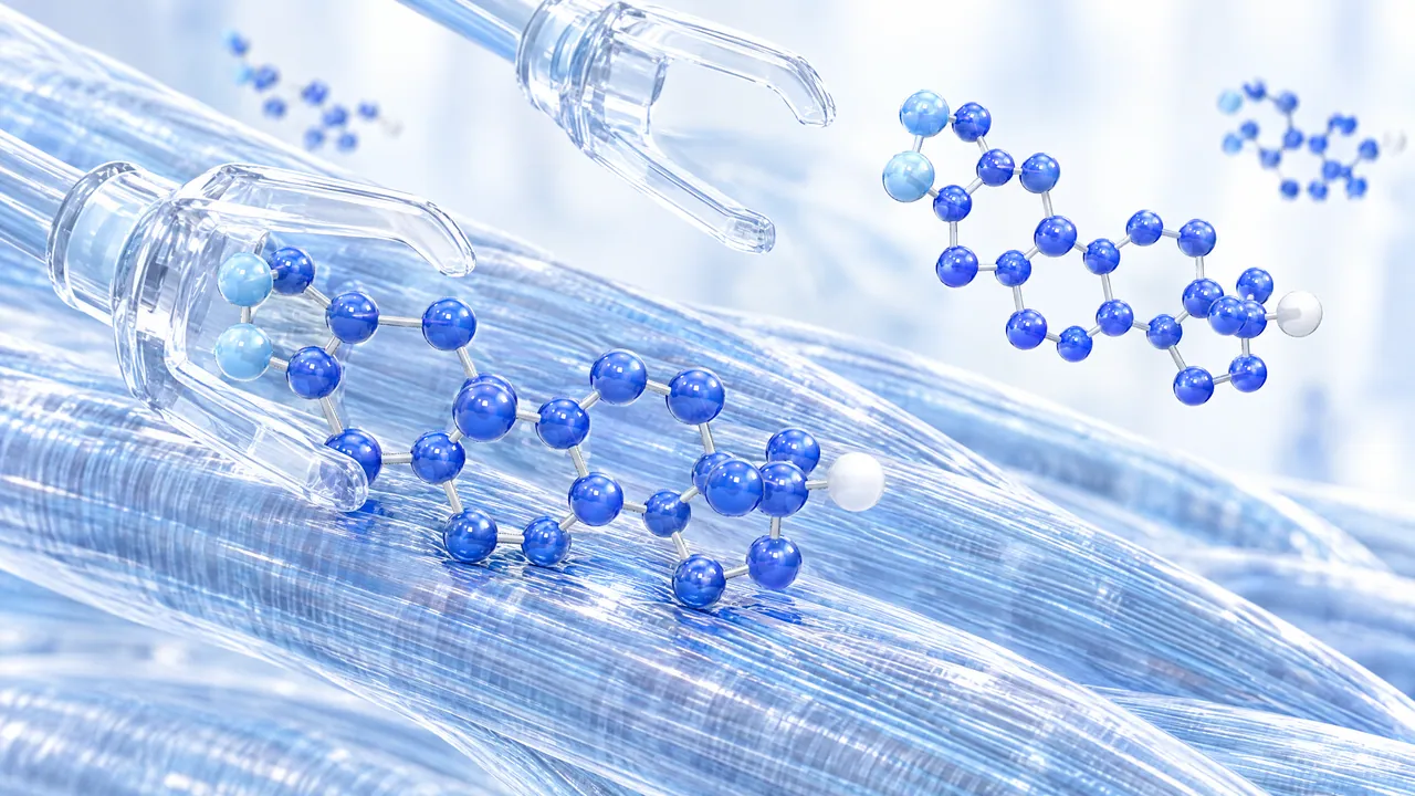 Blue 3D steroid molecules above glassy, striated muscle fibres, glass gripper arms hold one of them against the fibre