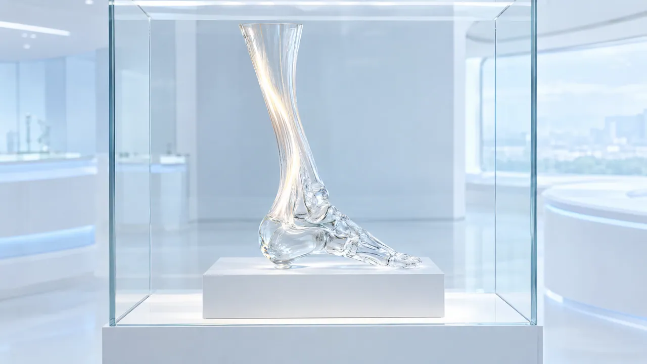 Glass model of a lower leg with foot in a glass display case on a white pedestal